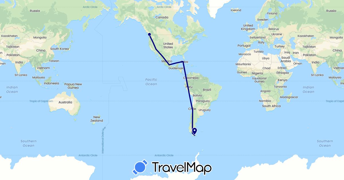 TravelMap itinerary: driving in Argentina, Canada, Chile, Cuba, Mexico, United States (North America, South America)
